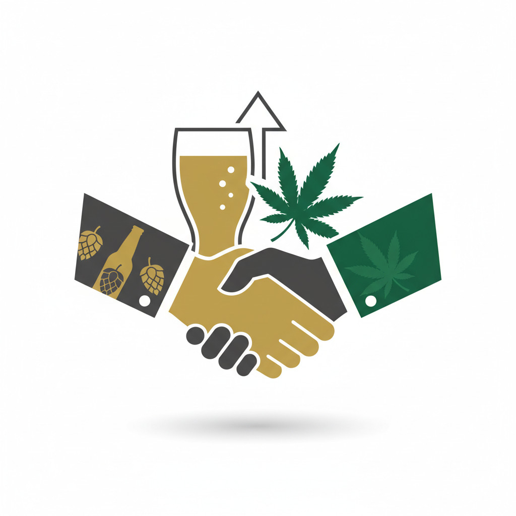 Two hands shaking with subtle beer and cannabis textures, backed by merged beer glass and leaf shapes forming an upward arrow to symbolize growth and partnership.