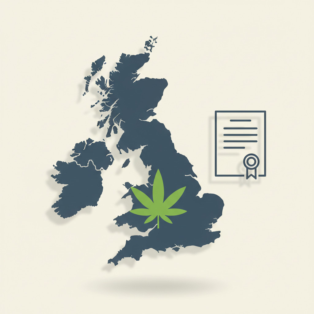 Stylized UK map with a green CBD leaf icon and a simple official document icon representing regulation and Article 4 review.