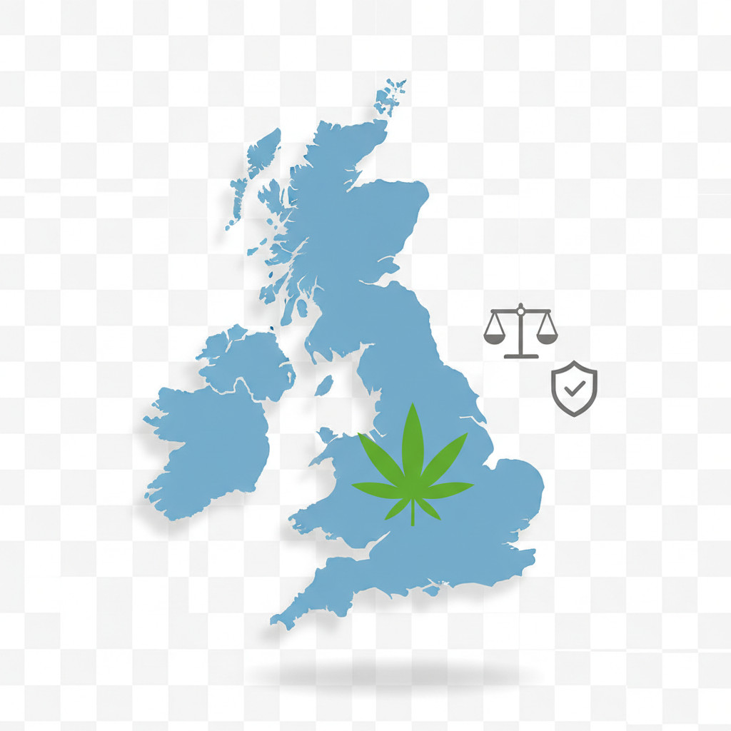 Stylized map of the United Kingdom with a green hemp leaf icon and simple regulatory symbols such as scales and a shield, on a clean white background
