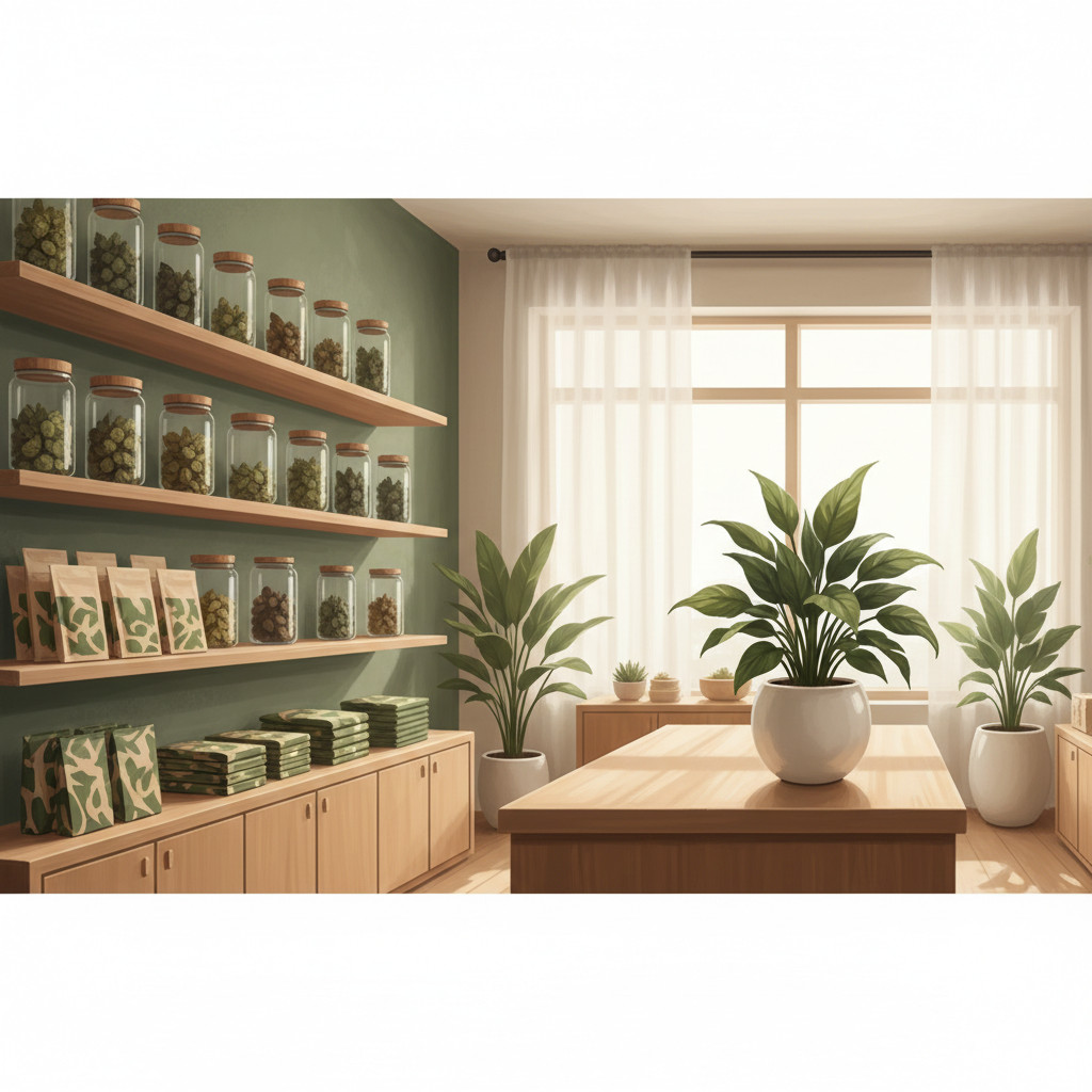 Medical cannabis dispensary interior with green tones and natural elements