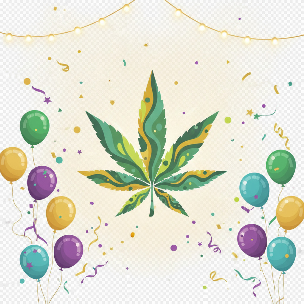 Vibrant flat vector illustration of a central stylized cannabis leaf surrounded by confetti, balloons, streamers, and soft string lights in greens, golds, purples, and teal; the composition has a subtle radial glow to evoke celebration and festive energy.