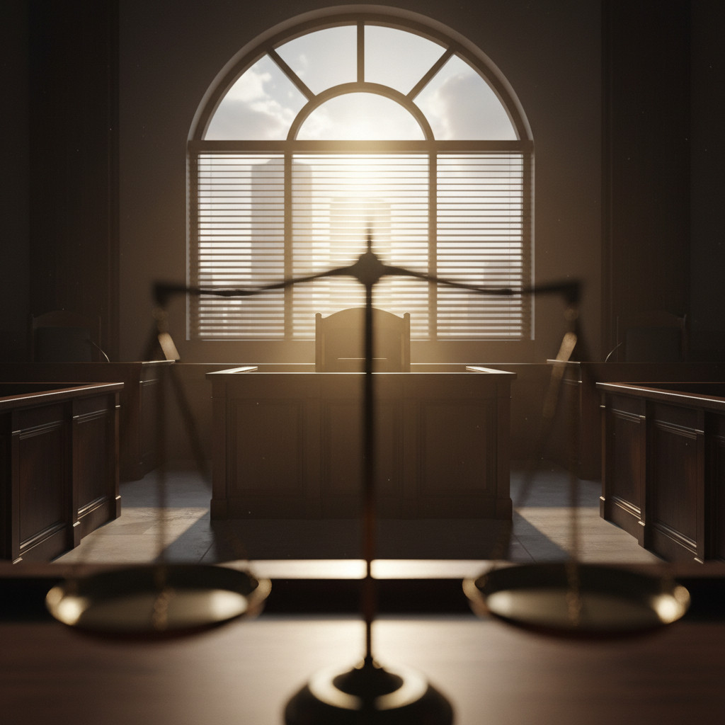 Courtroom scene with scale of justice