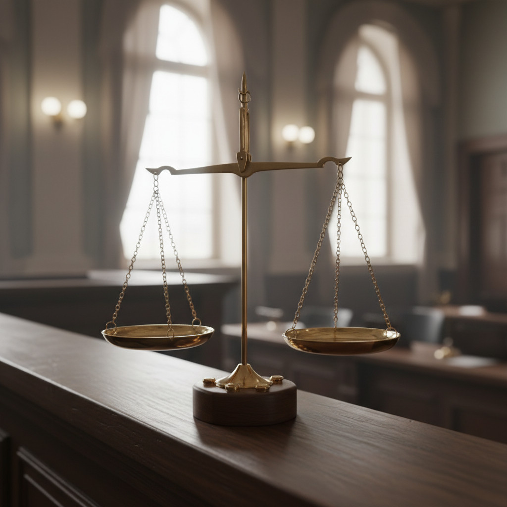 Brass scales of justice on judge's bench