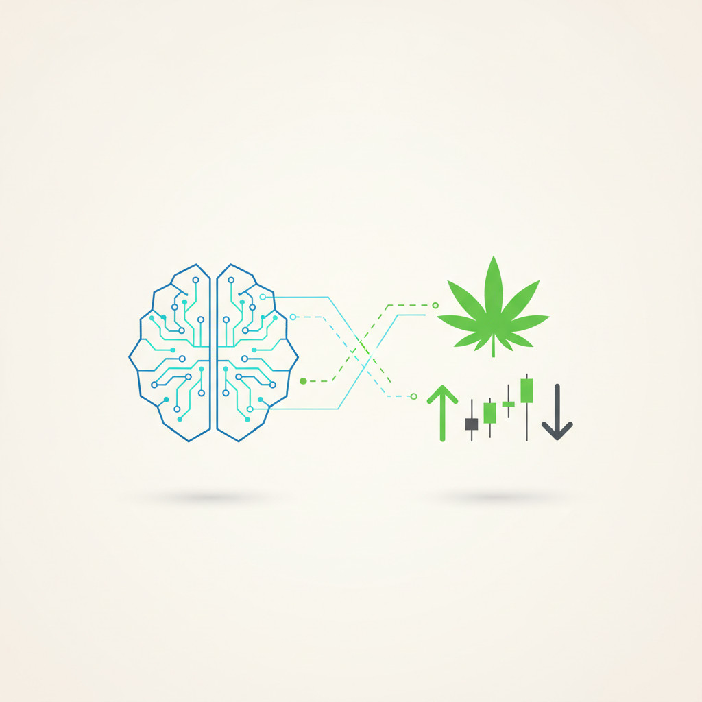 Stylized digital brain connected by glowing data lines to a cannabis leaf icon and simplified stock symbols, on a light neutral background.