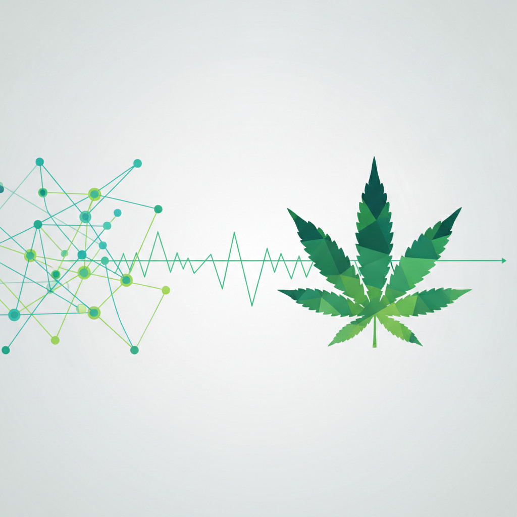 AI neural network connecting to cannabis leaf over stock market line