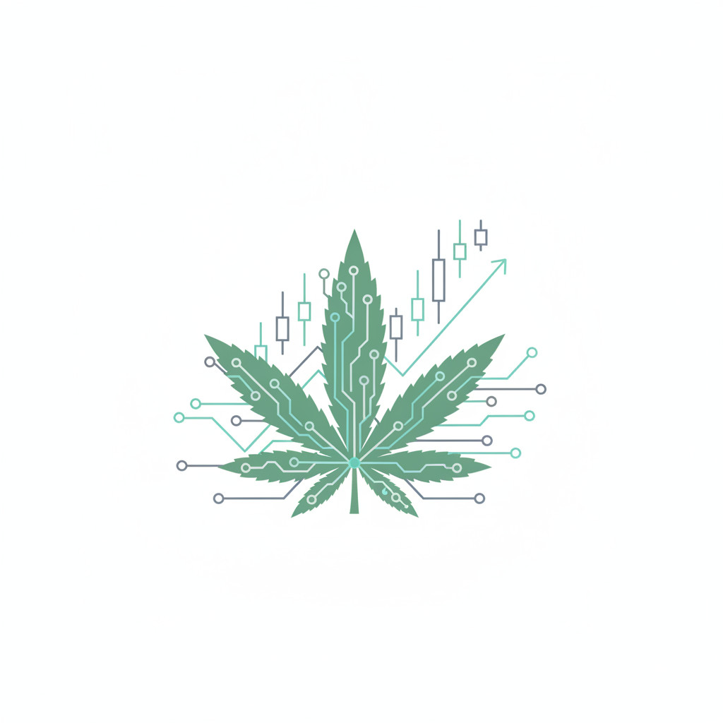 Illustration of a cannabis leaf with circuit-like veins merging into a minimalist stock chart, symbolizing artificial intelligence applied to cannabis stocks.