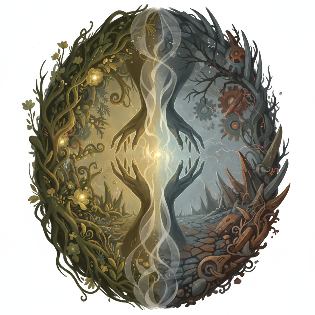 Symbolic illustration split into two interlocking halves. Left half shows warm thriving ecosystem with two abstract hands touching and a pulse of light between them. Right half shows muted, decaying landscape with mechanical extraction motifs. A translucent seam blends both sides to symbolize shared consequence and accountability.