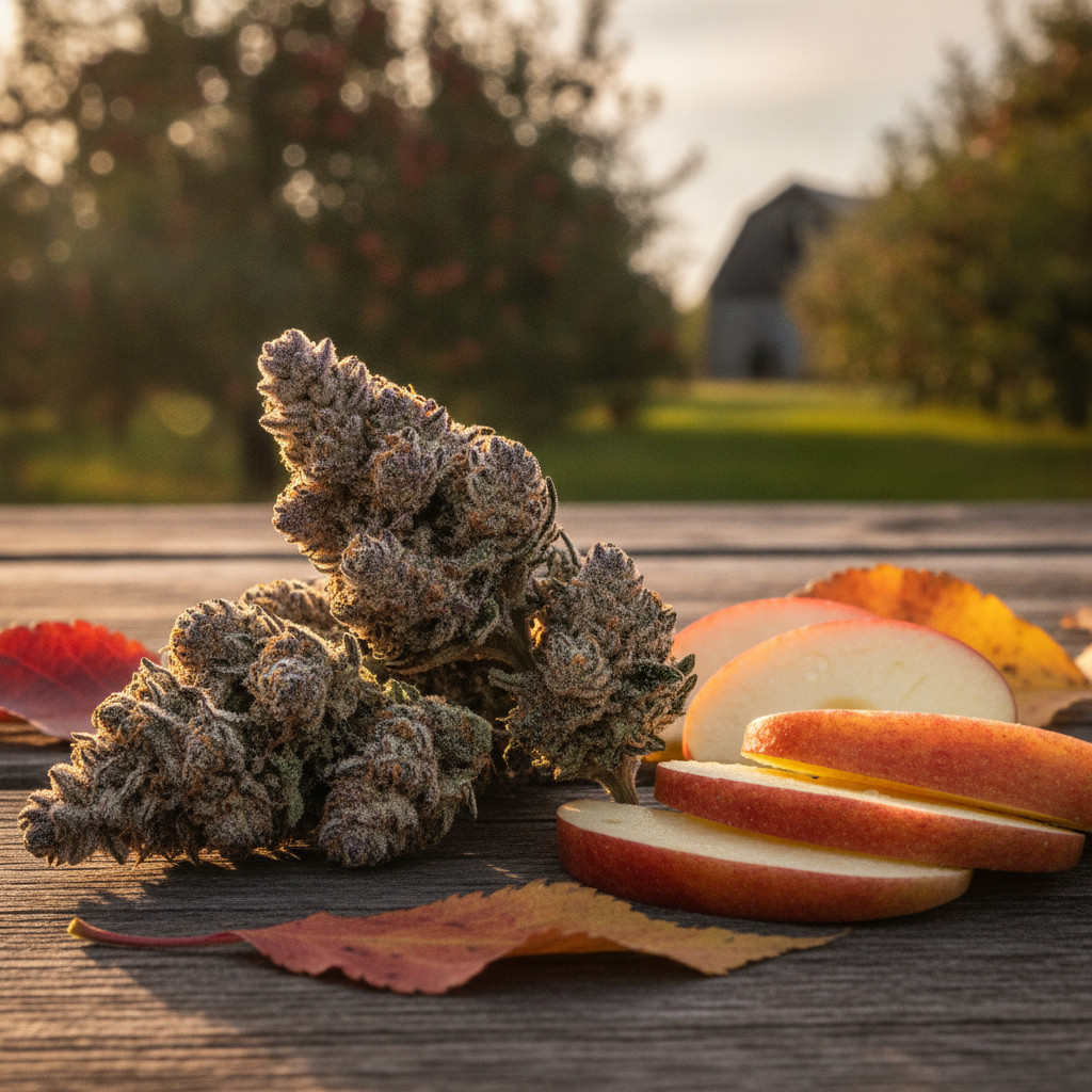 Frosty Apple Tartz buds beside sliced tart apples with a blurred Michigan orchard and rustic barn in golden light