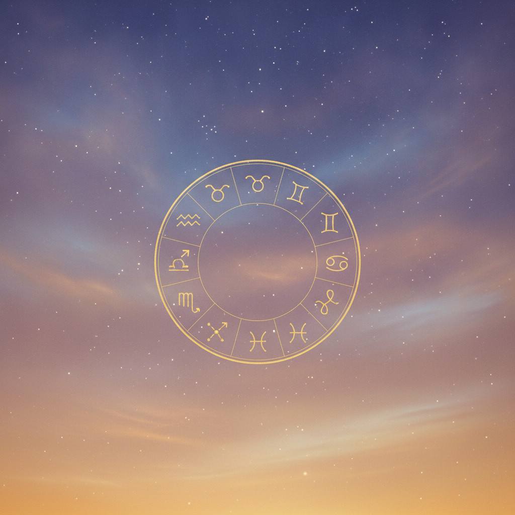 Elegant cosmic sky with twelve zodiac constellations arranged in a subtle circular wheel, soft blue to gold gradient, faint stars and nebula clouds, minimalist style, no text