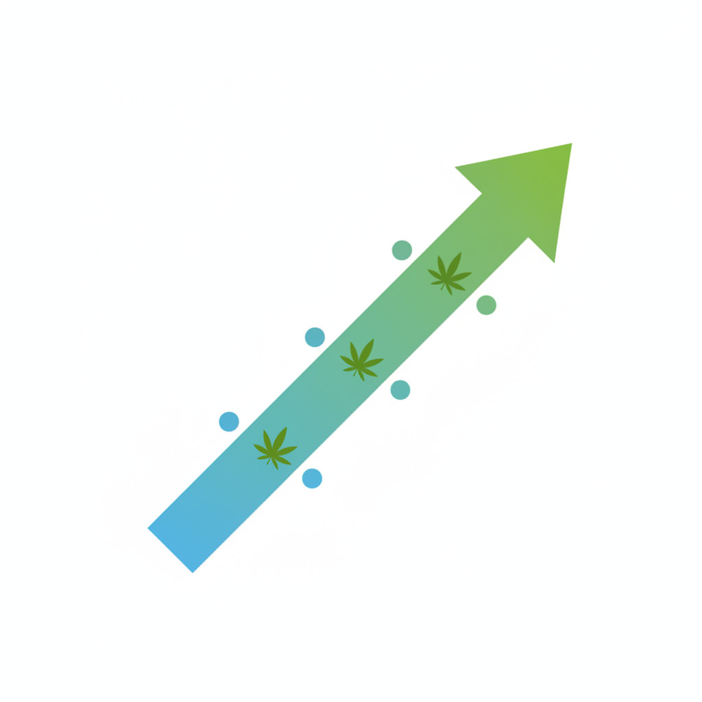 Stylized upward-trending arrow in sky-blue and green with small cannabis leaf icons along the arrow, minimal flat design to symbolize Argentina cannabis market growth.