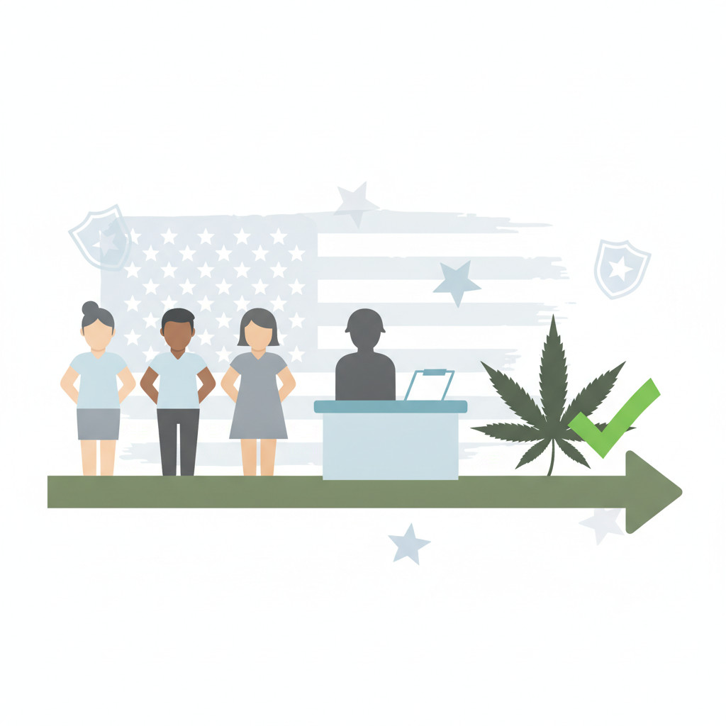 Illustration of Army enlistment process showing diverse applicants approaching a recruitment desk with a cannabis leaf and checkmark symbolizing acceptance without a waiver.