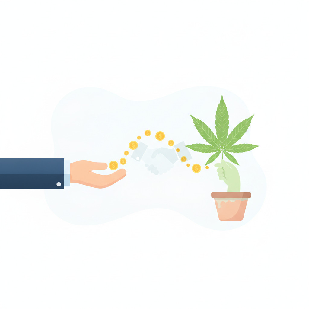Stylized visual of a dark blue suited hand sending a stream of gold coins toward a green hemp leaf held by a light-toned hand, with a subtle handshake silhouette where the flow meets the leaf, on a pale background.