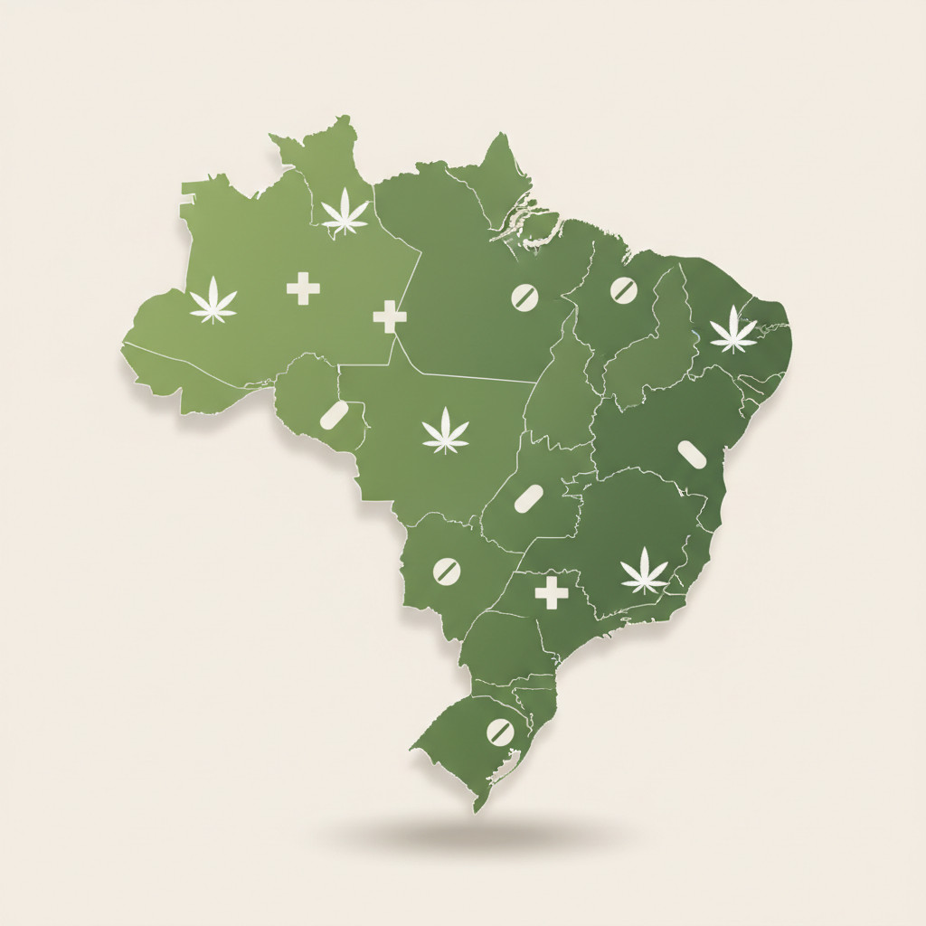 Map of Brazil with medicinal cannabis symbols