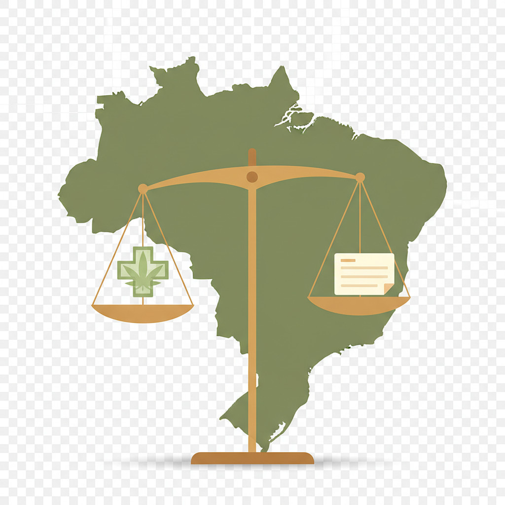 A minimalist vector illustration of Brazil's map in muted green with a gold balance scale overlay. One scale pan holds a stylized cannabis leaf combined with a medical cross; the other pan shows a simple certificate icon. The design uses soft shadows and clean shapes to represent regulation and medicine without text.