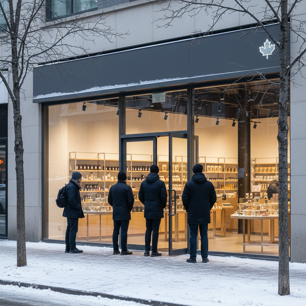 Photorealistic Canadian cannabis store storefront in winter with customers entering, glass facade and warm interior lighting.