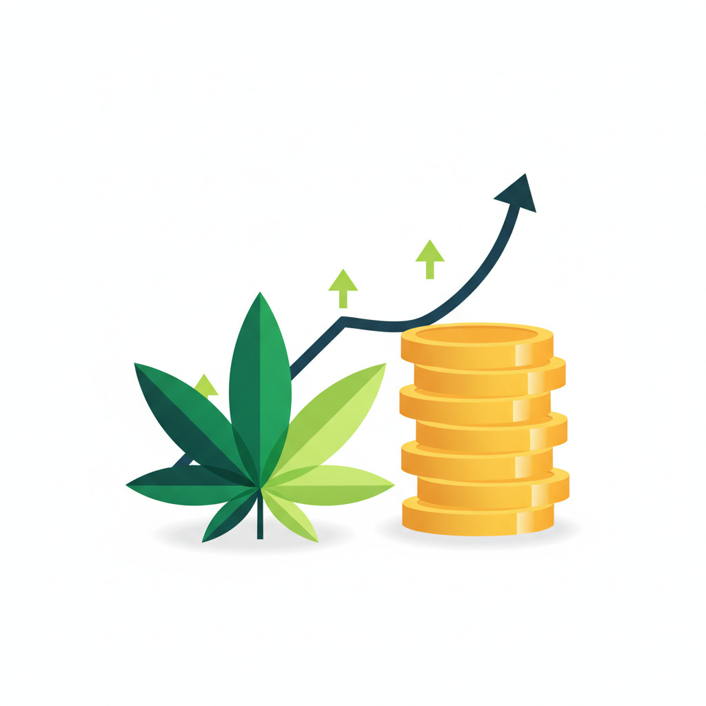 Stylized cannabis leaf with a rising line chart and a stack of gold coins symbolizing cannabis industry financing and market performance.