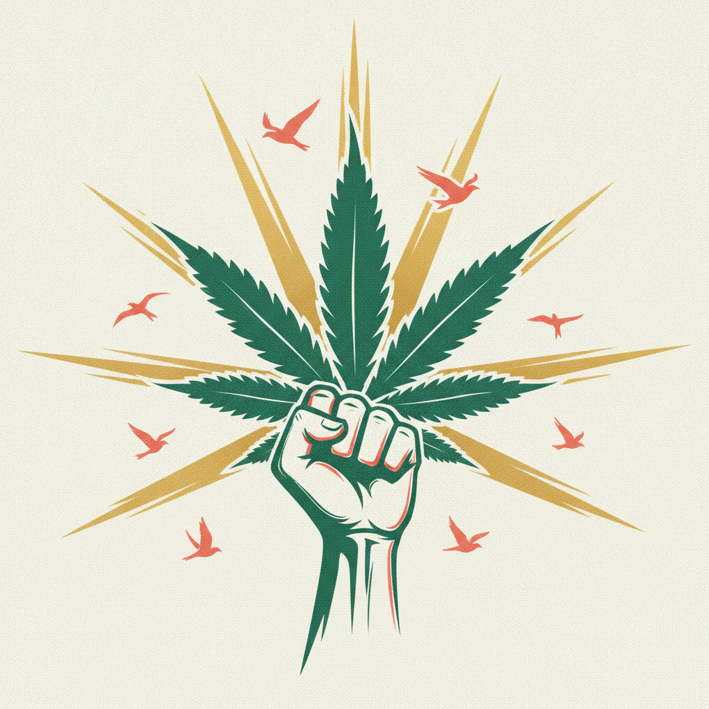 A stylized emerald cannabis leaf morphs into a raised protest fist. Golden rays radiate behind the motif while small coral red birds fly outward. The textured cream background keeps the design bold and poster like, evoking protest, freedom, and cultural revolution without text.