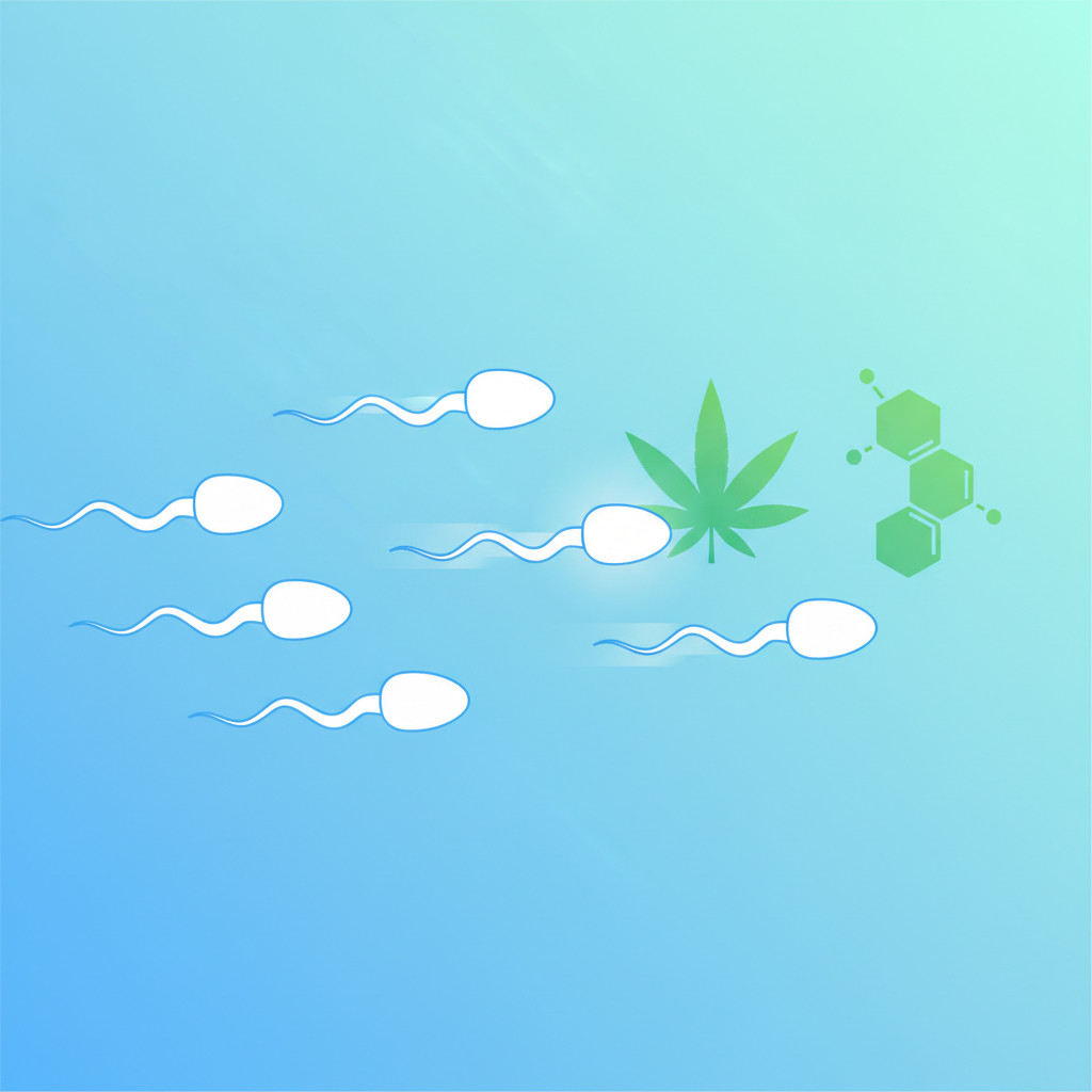 Simple vector illustration showing stylized sperm cells and translucent cannabis leaf shapes to indicate interaction; affected sperm show subtle reduced motility cues.