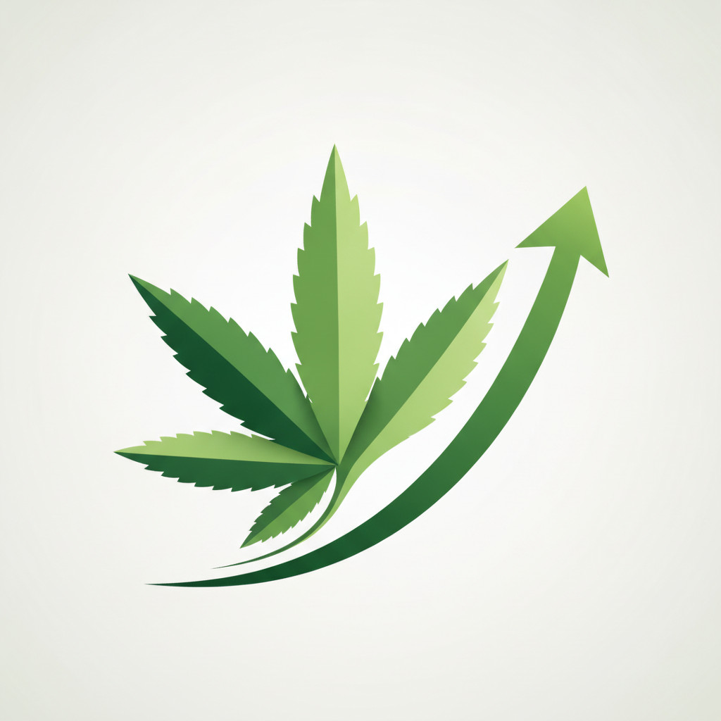 Stylized cannabis leaf blending into an upward green arrow symbolizing market growth