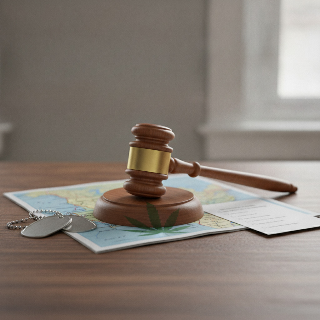 Judge gavel, U.S. map, cannabis leaf, military dog tags, and ballot stub