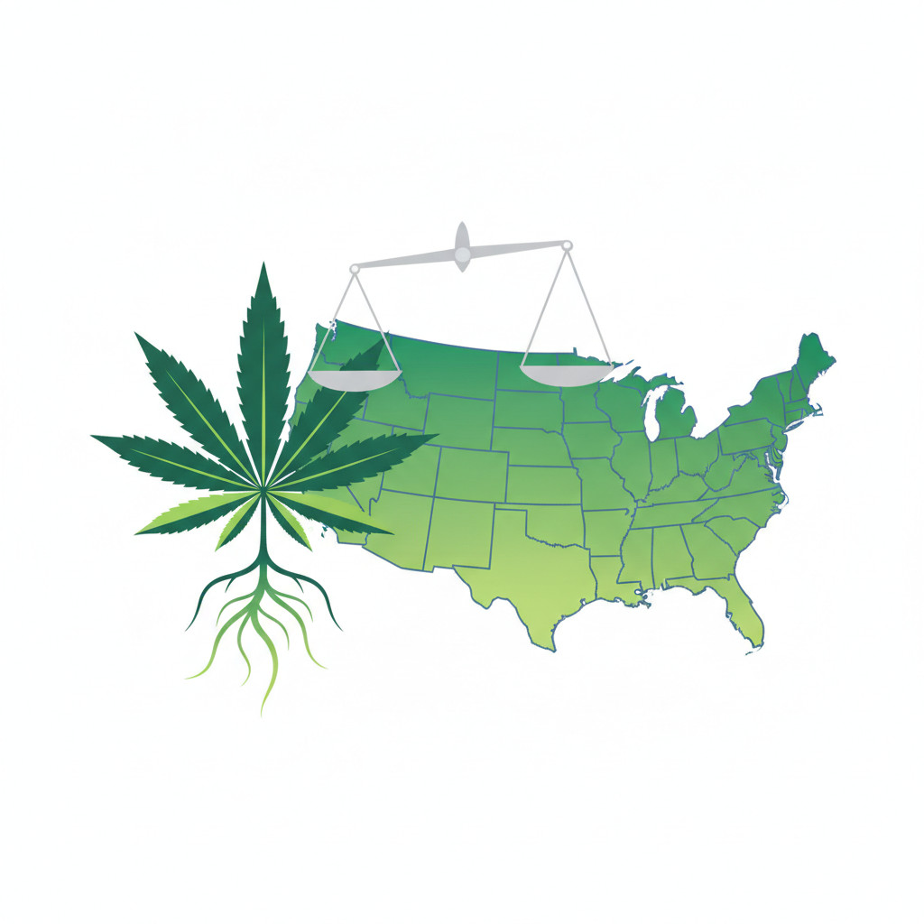 Editorial illustration of a cannabis plant, legal scales, and a U.S. map with progressive state highlights, symbolizing evolving cannabis legislation and policy across the United States.
