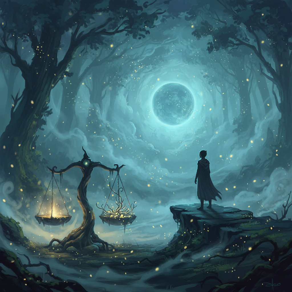 A misty bioluminescent forest at twilight with a robed figure on a stone outcrop facing a faintly glowing orb in the sky. A natural wooden scale stands in the foreground, one pan lit softly and the other holding faint roots, symbolizing balance, stewardship, and altered consciousness.