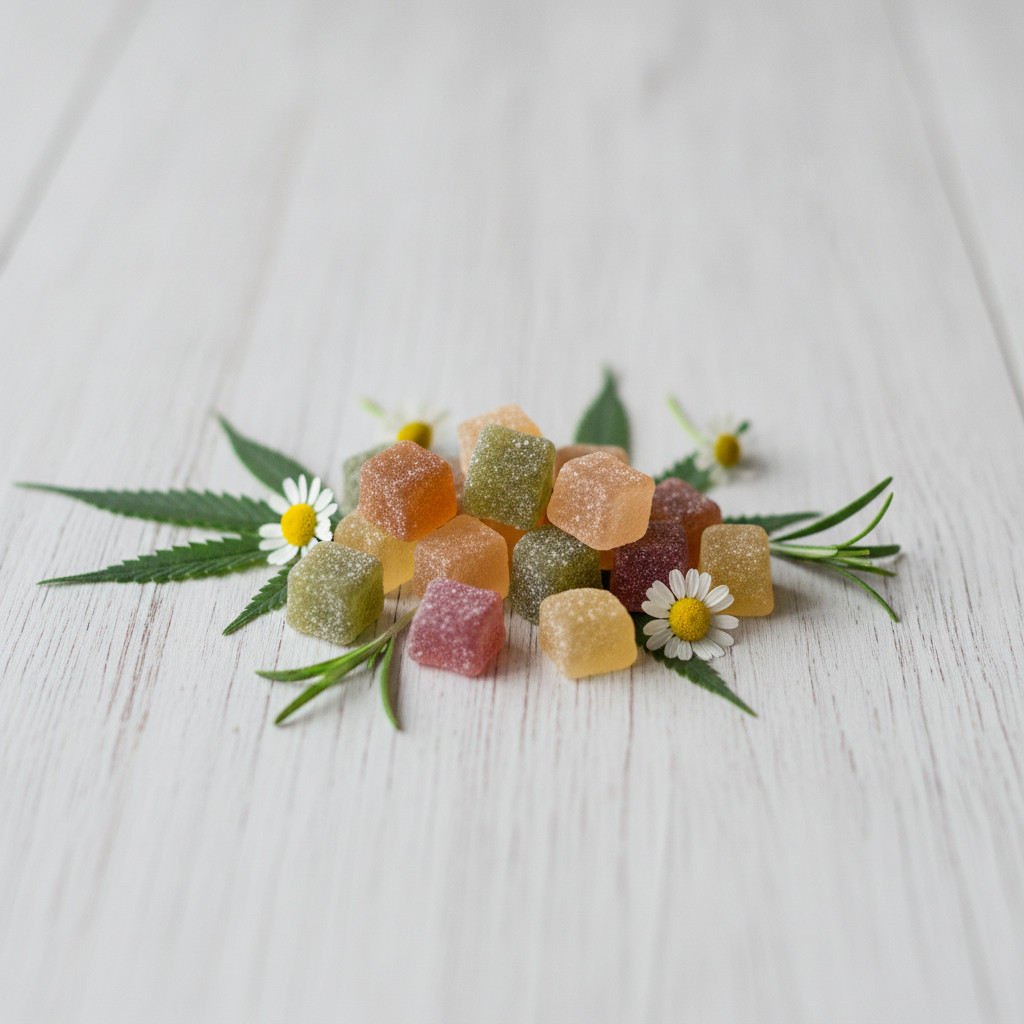 Colorful gummy candies with green hemp leaves on a light wooden surface, artsy editorial style