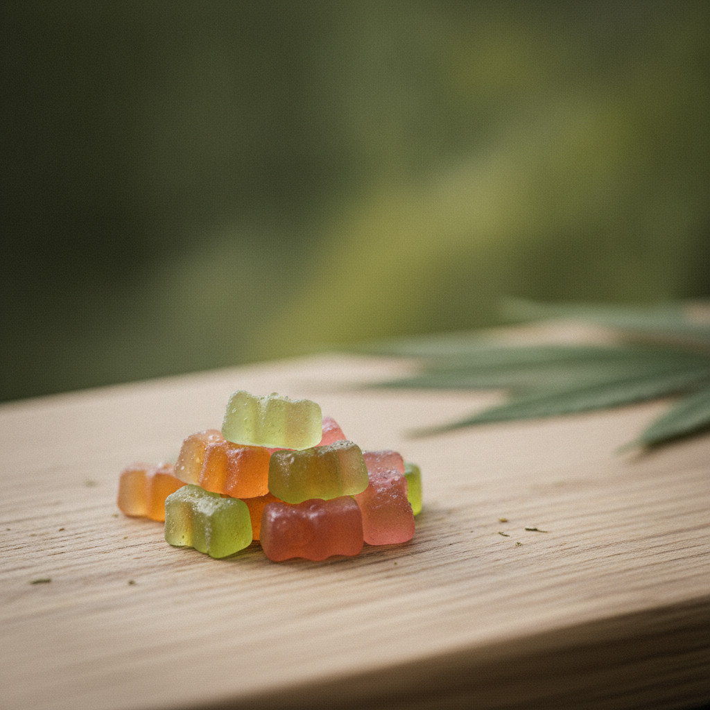Colorful CBD gummies on a wooden surface with soft daylight and blurred green foliage background