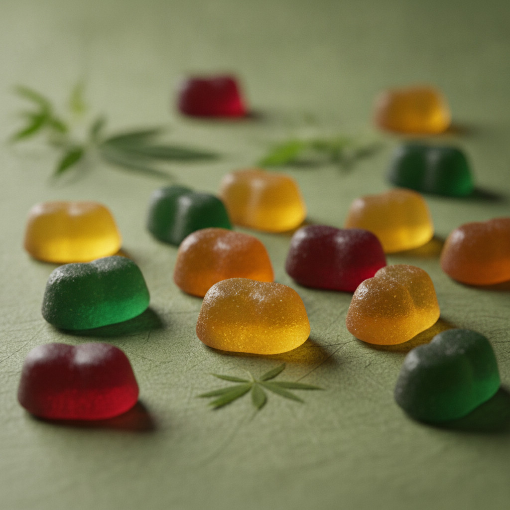 Colorful translucent gummy candies in green, amber, berry, and citrus tones arranged on a soft natural green background with subtle hemp leaf elements out of focus to suggest botanicals and wellness.