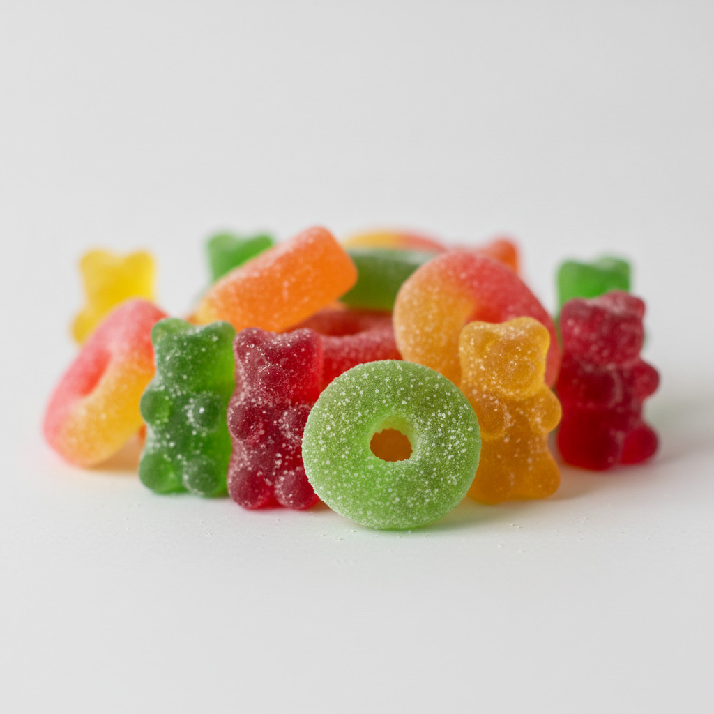 Colorful sugar coated gummy candies representing Green Era Gummies