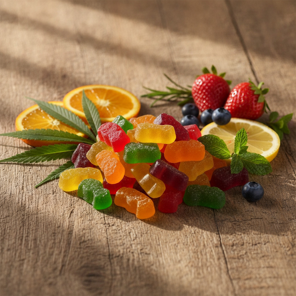Colorful gummies on a wooden table with hemp leaves, citrus slices, berries, and herbs
