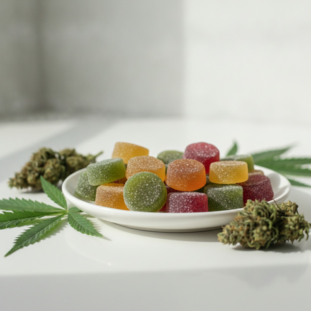 A close-up still life of colorful gummy candies on a white dish with fresh hemp leaves and raw hemp buds nearby, bright natural lighting, evoking freshness and purity.
