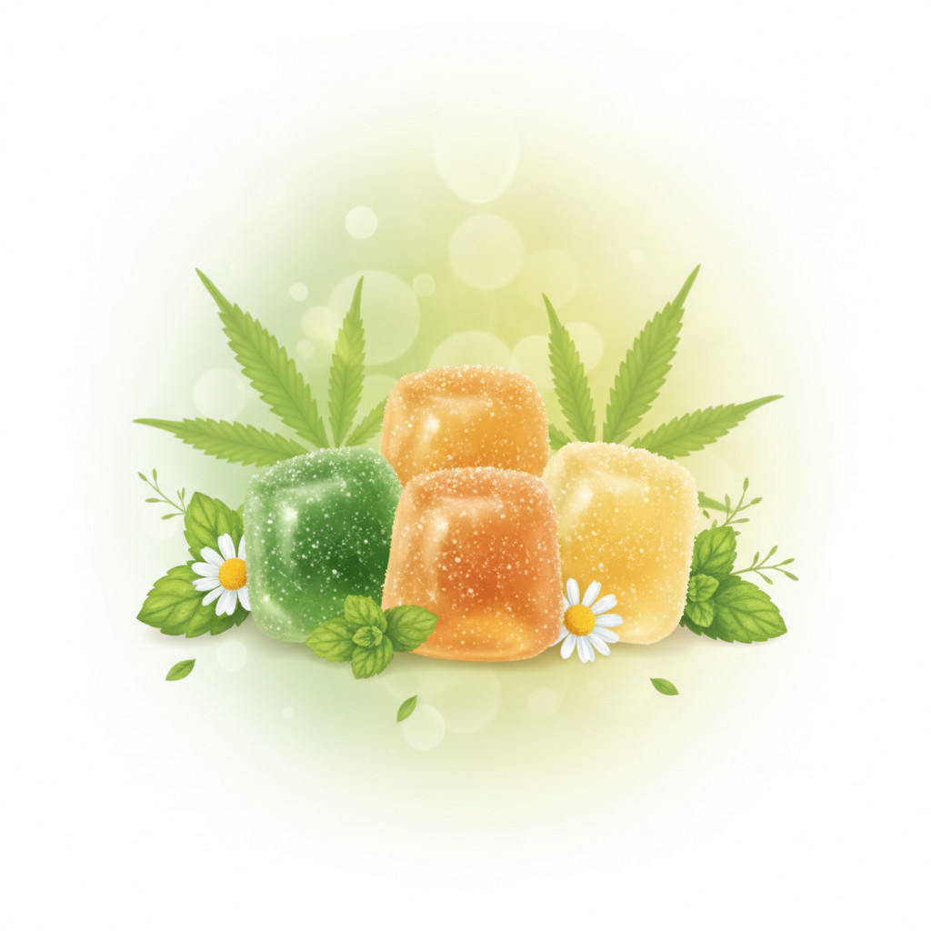 Three translucent gummies (green, amber, light yellow) on a soft green background with blurred hemp leaves and botanical accents