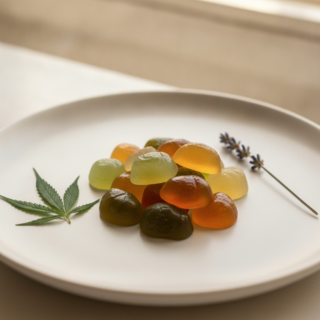 Clean arrangement of translucent green and amber gummies on a white plate with a fresh hemp leaf and a small sprig of lavender, soft natural light, warm neutral background.