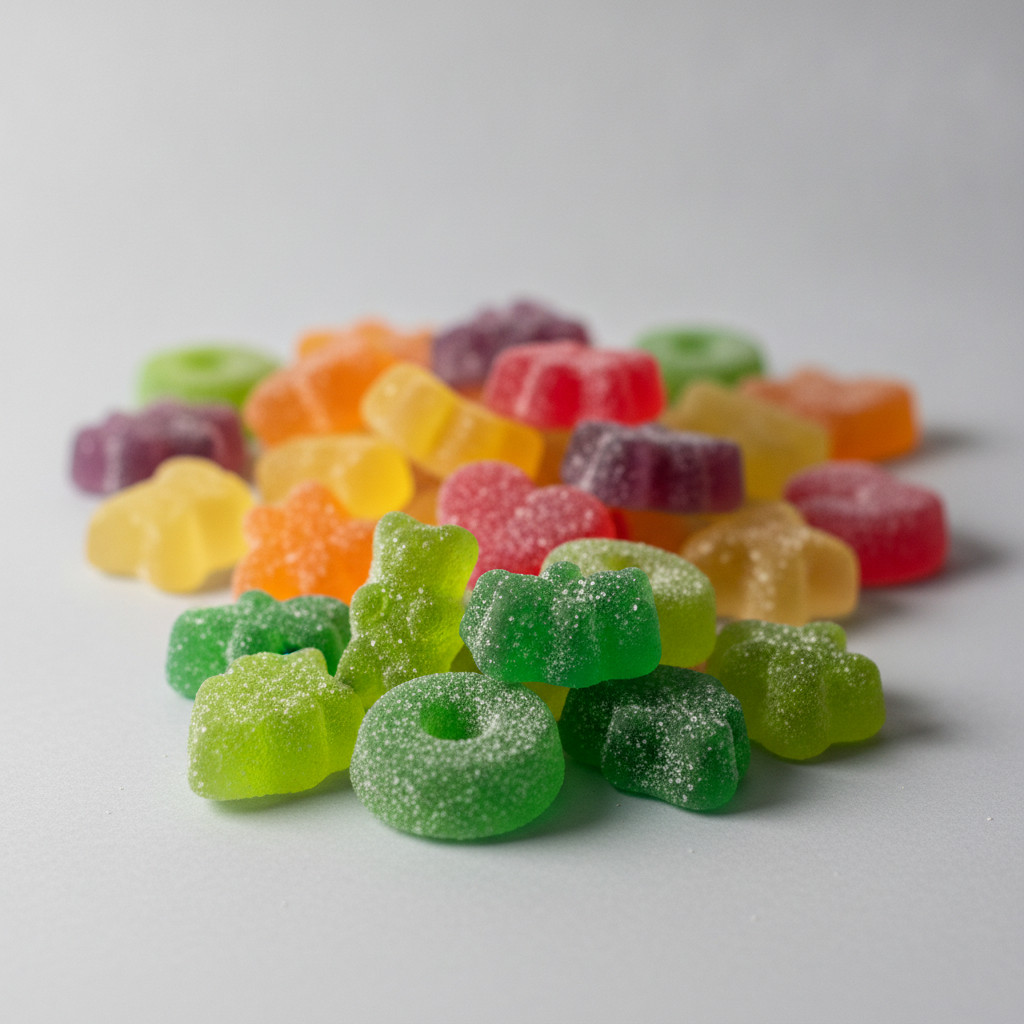A clean studio photo of translucent, sugar coated gummies with green gummies in the foreground on a neutral background, highlighting texture and color.
