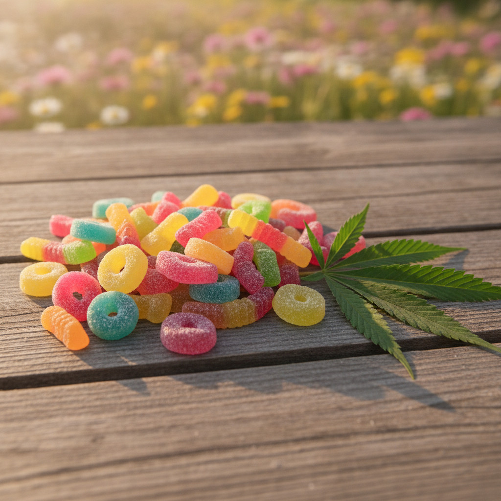 Colorful gummy candies on wood with hemp leaves