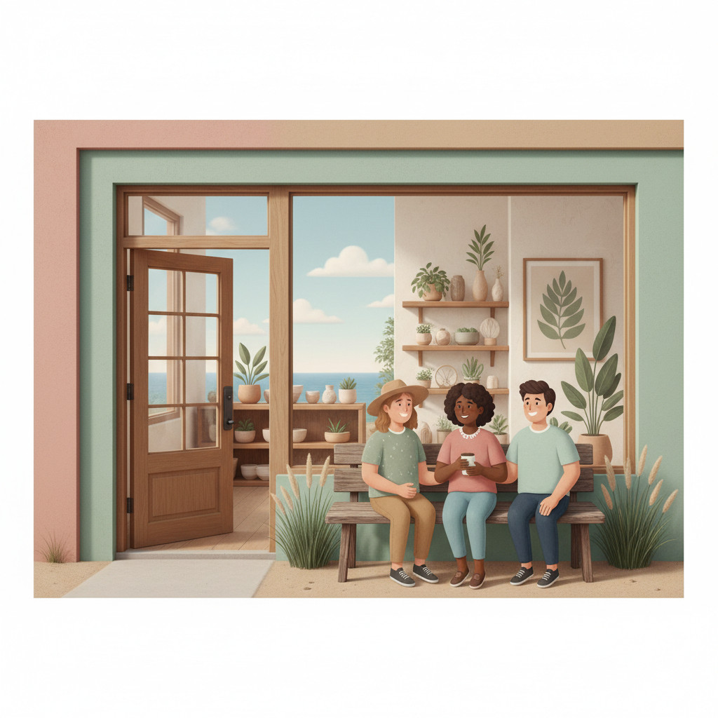 Exterior of a small coastal dispensary with an open door, dune grass, and warm interior visible