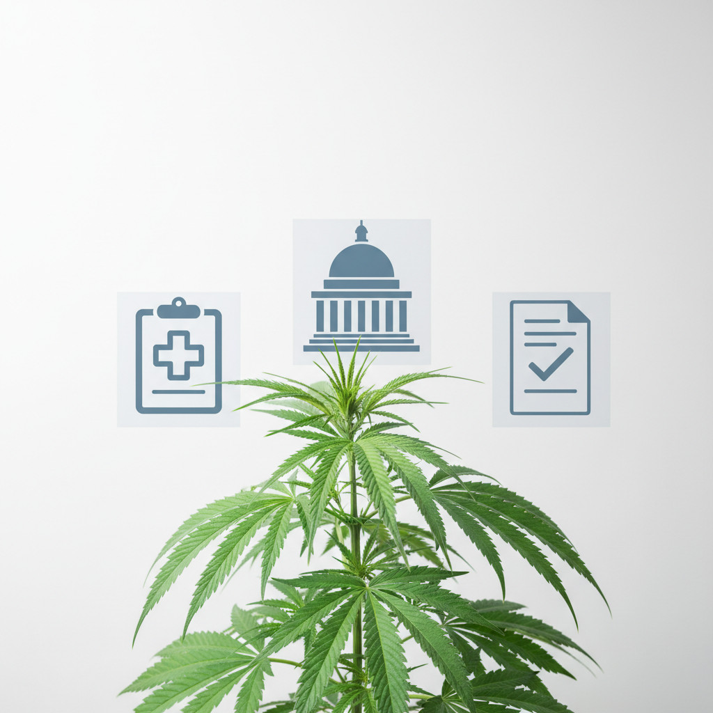 Hemp plant with subtle overlay icons for healthcare, government building, and document with checkmark; muted blue and gray tones; editorial style