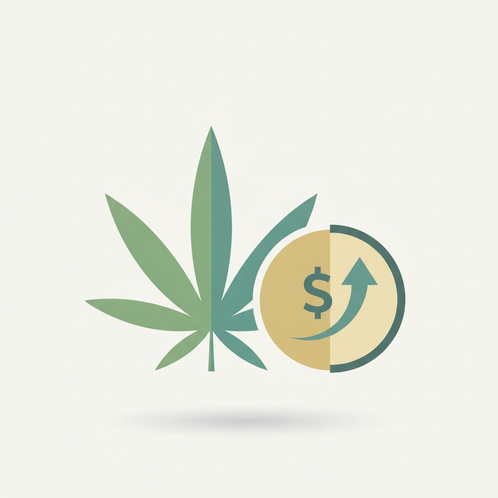 Stylized hemp leaf overlapping a circular dollar reimbursement icon on a neutral background
