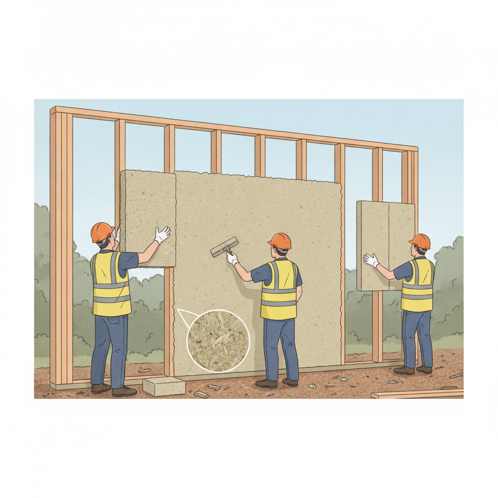 Workers installing hempcrete blocks and prefabricated hempcrete panels inside a timber frame; visible hemp hurd texture and a worker smoothing hemp-lime mix with a trowel.