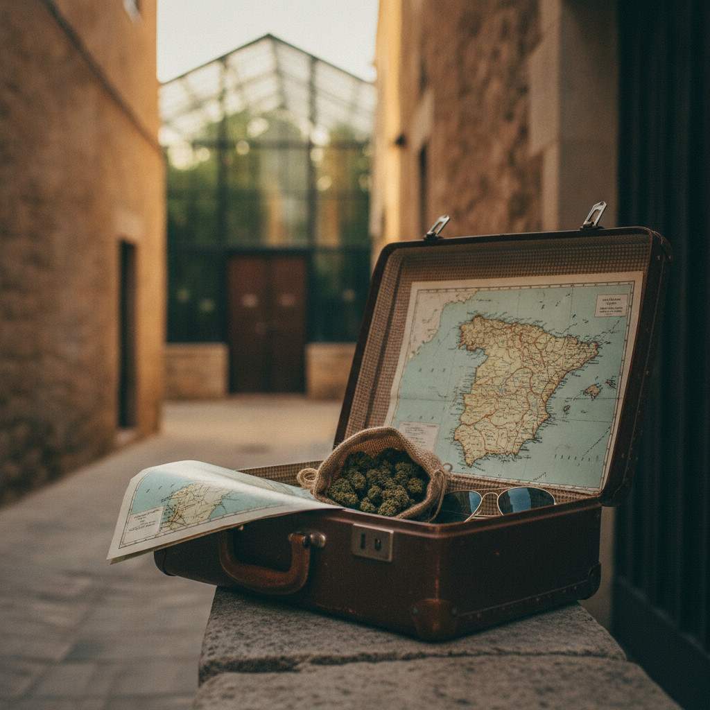 Cinematic suitcase and travel scene blending Mediterranean alley and greenhouse at golden hour