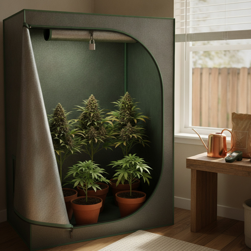 Home cannabis cultivation: eight plants, locked grow tent, and care items