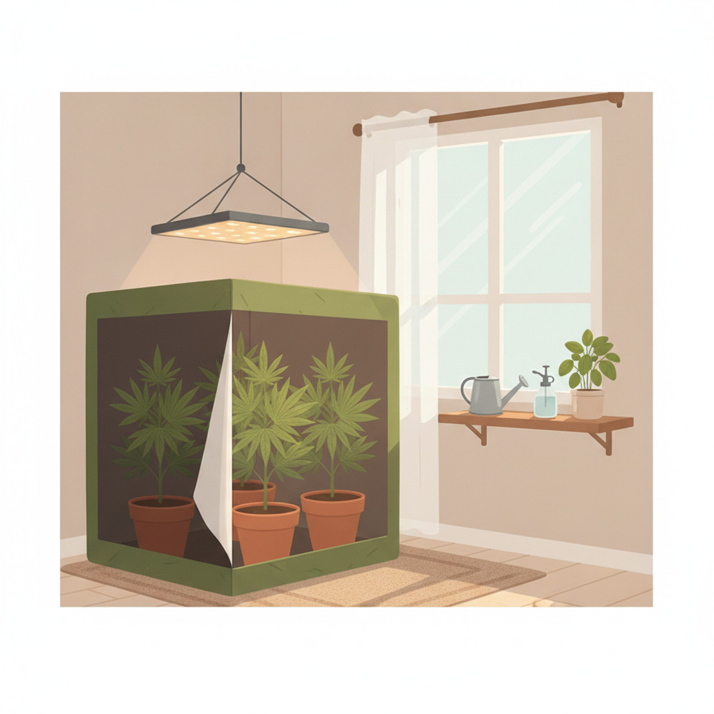 Home grow setup with warm LED lights in a cozy room