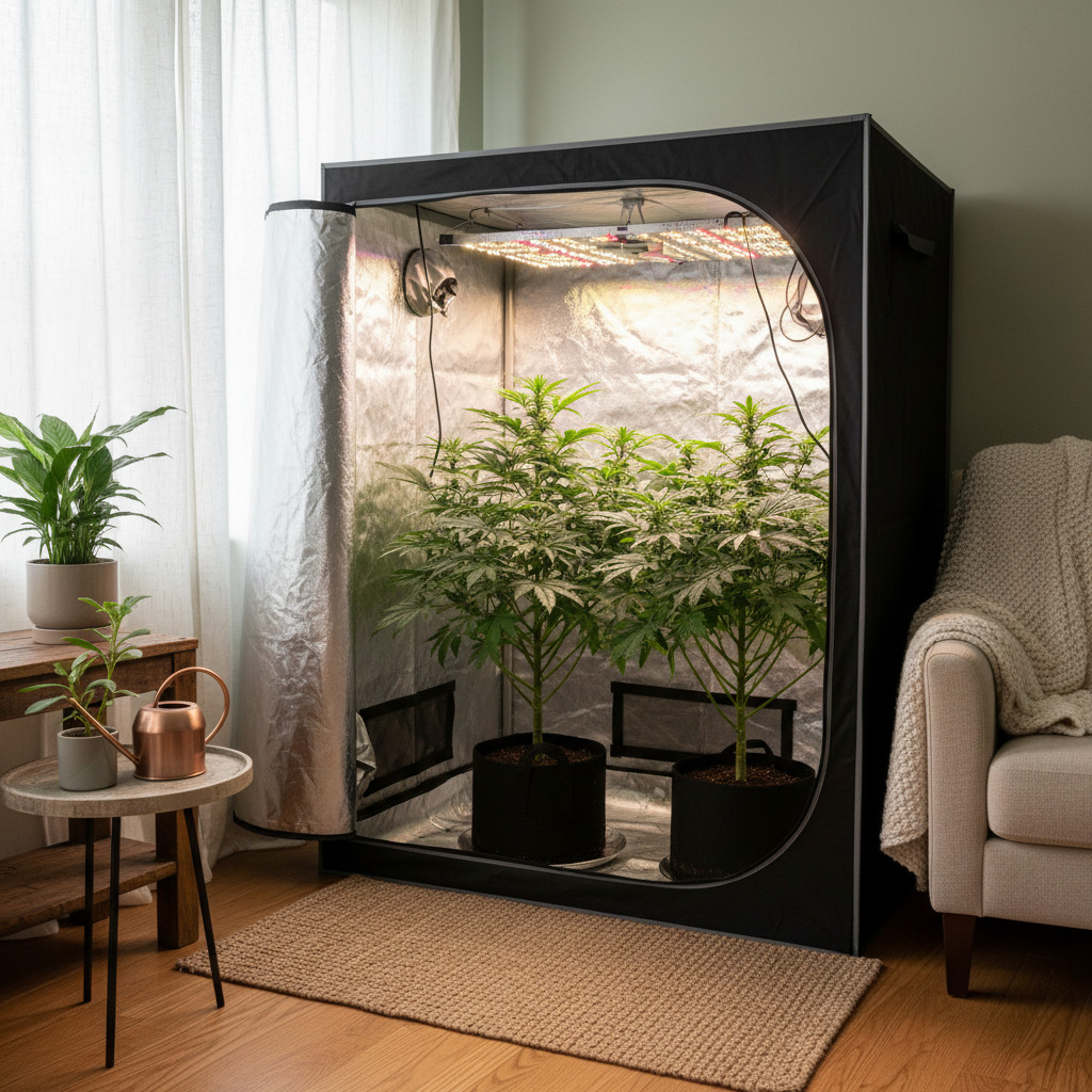 Indoor home cannabis cultivation scene showing a partially open grow tent and potted cannabis plants by a curtained window