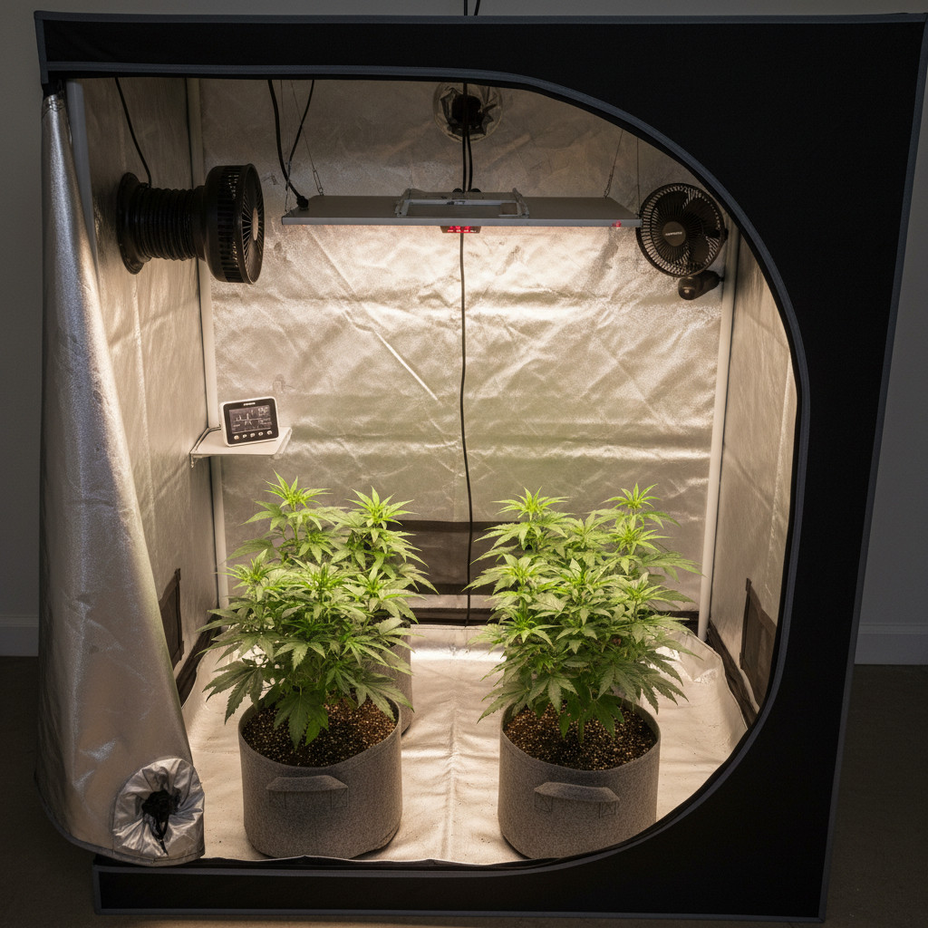 Home grow setup interior showing LED light, ventilation, hygrometer, and potted plants