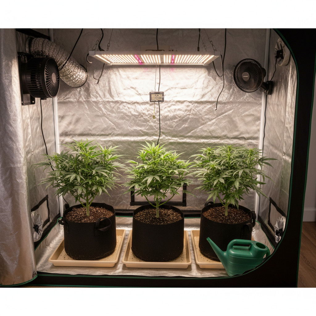 Home grow tent interior showing LED light, ventilation, hygrometer, and potted plants