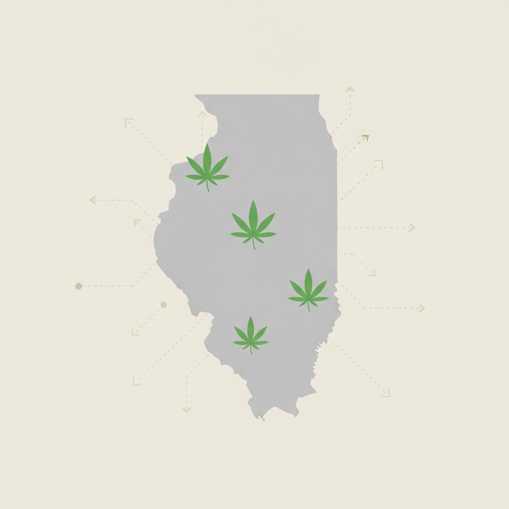 Stylized outline map of Illinois with three green cannabis leaf icons placed over major metro areas and subtle dotted data lines indicating sales trends