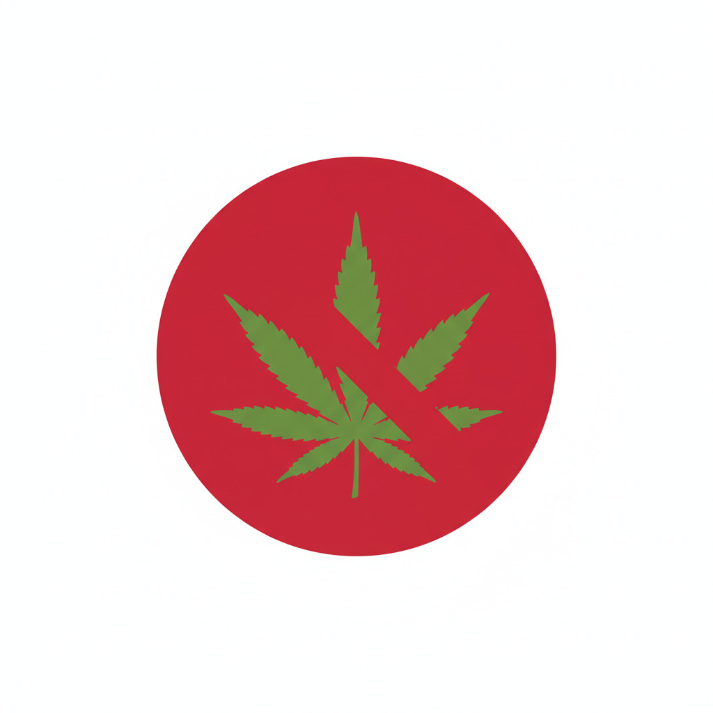 Japanese flag fused with a green cannabis leaf and a red prohibition symbol overlay, simple flat vector on white background.