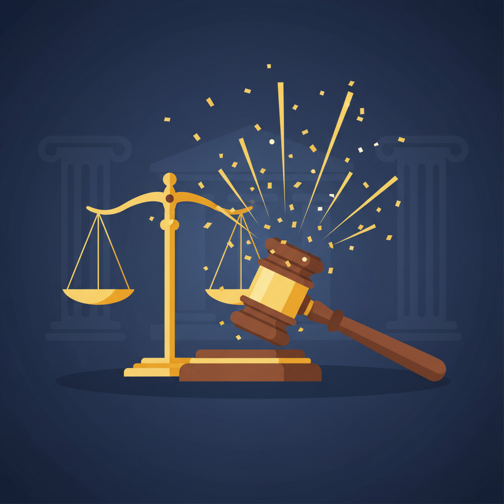 Gavel striking a sounding block with golden confetti and scales of justice in the background, symbolizing legal victory and courtroom triumph.