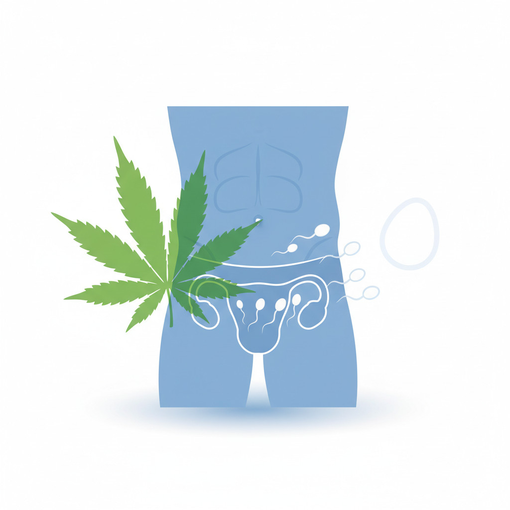 Illustration of male lower torso silhouette with simplified testicles and sperm next to semi-transparent cannabis leaves